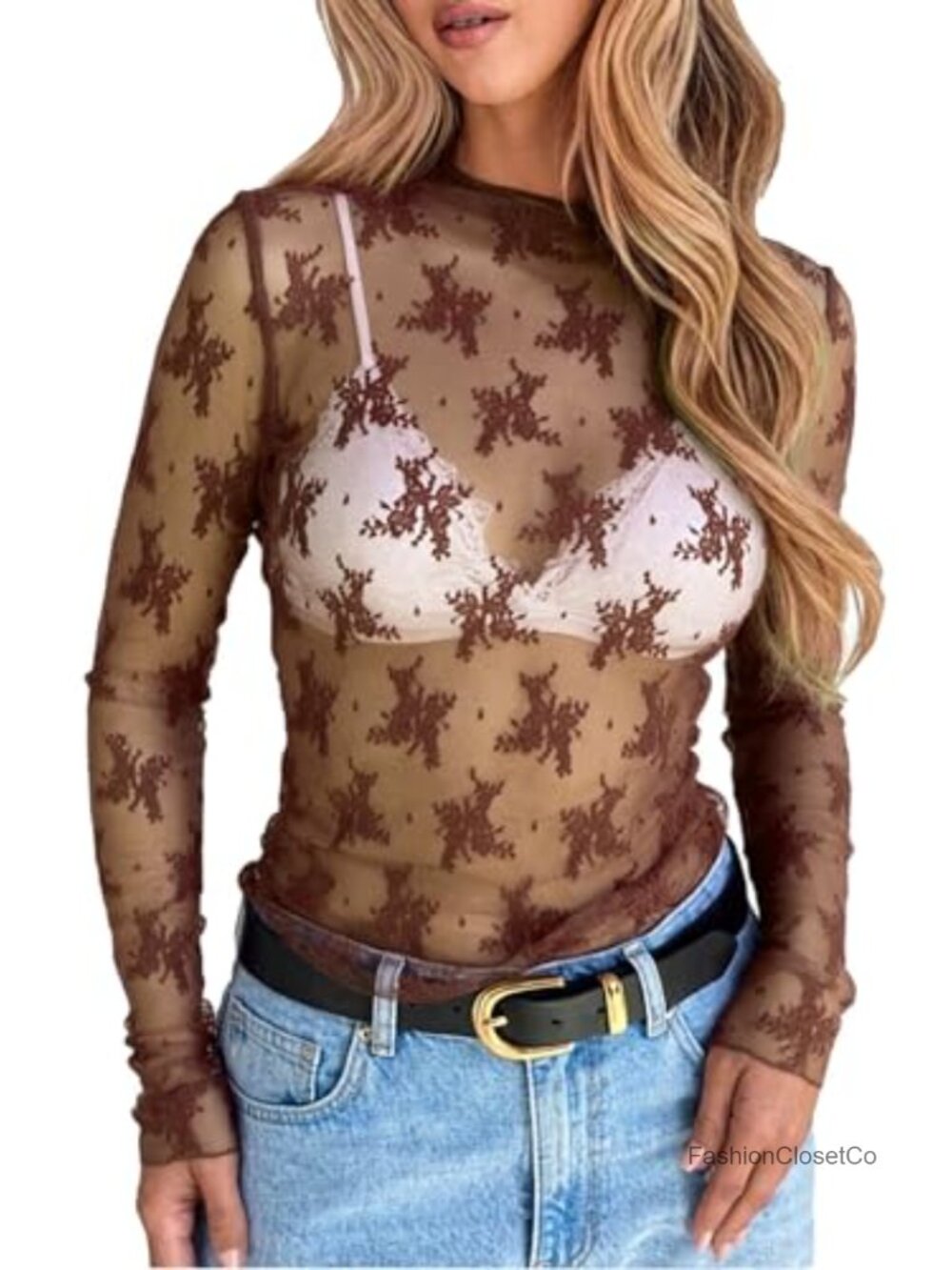 Sheer Lace Top Women Long Sleeve Mock Neck Mesh Blouse